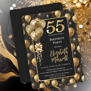Elegant Black Gold Glitter Balloons 55th Birthday Invitation