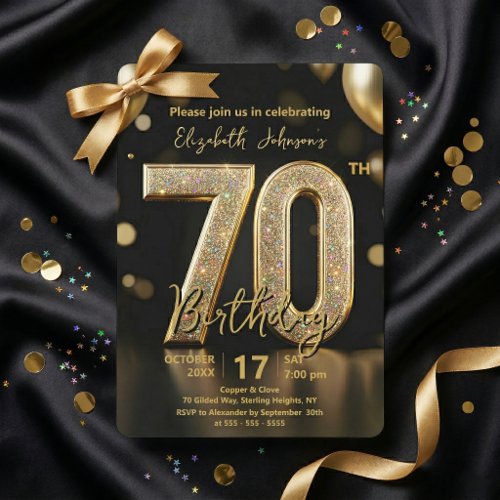 Elegant Black Gold Glitter Balloons 70th Birthday Invitation