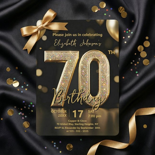 Elegant Black Gold Glitter Balloons 70th Birthday Invitation (Creator Uploaded)