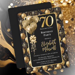 Elegant Black Gold Glitter Balloons 70th Birthday  Invitation