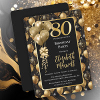 Elegant Black Gold Glitter Balloons 80th Birthday