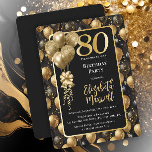 Elegant Black Gold Glitter Balloons 80th Birthday  Invitation