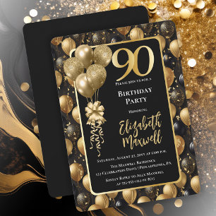 Elegant Black Gold Glitter Balloons 90th Birthday  Invitation