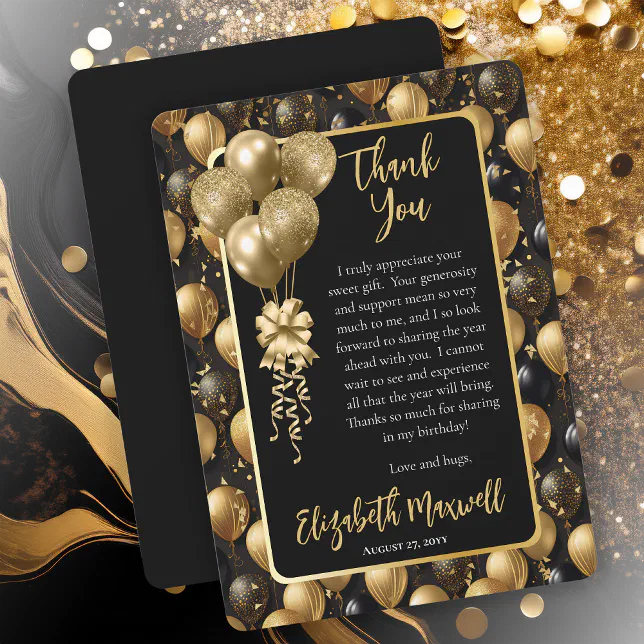 Elegant Black Gold Glitter Balloons Birthday Thank You Card | Zazzle