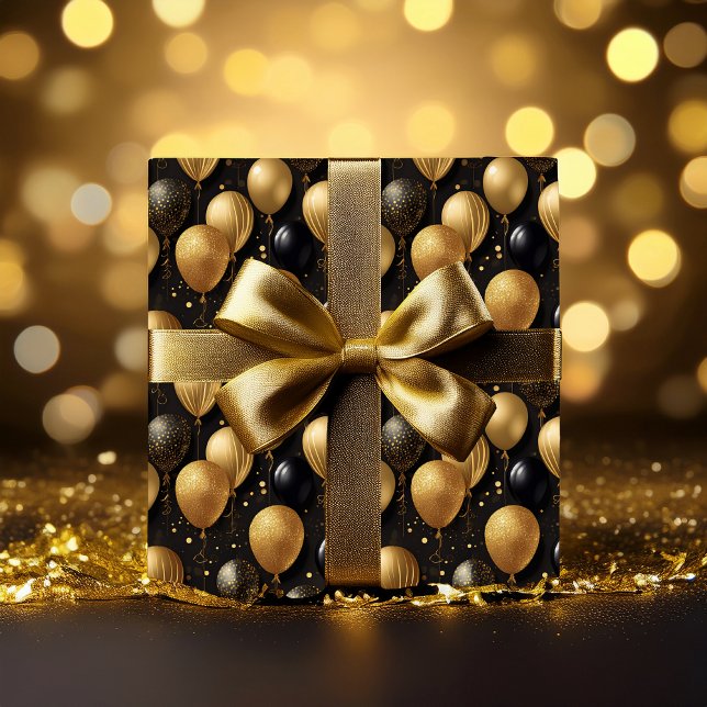  Elegant Black Gold Glitter Balloons Pattern A021 Wrapping Paper (Elegant and Festive Black and Faux Gold Glitter Balloons Pattern Wrapping A021 Paper)