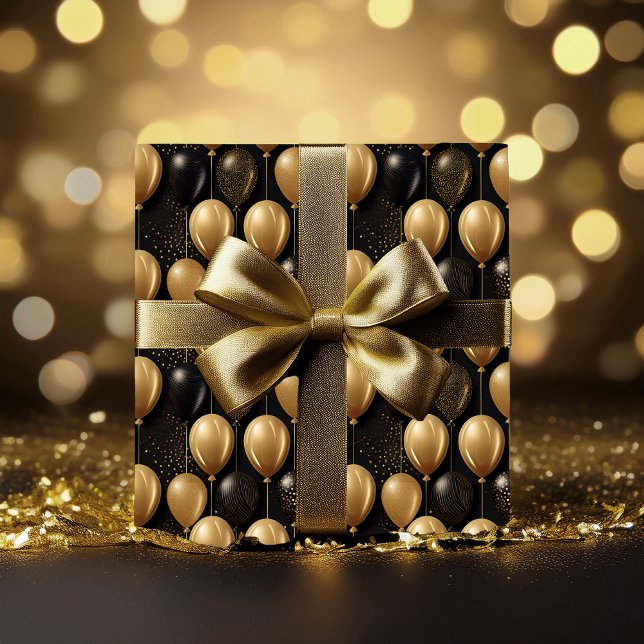  Elegant Black Gold Glitter Balloons Pattern A023 Wrapping Paper (Elegant and Festive Black and Faux Gold Glitter Balloons Pattern A023 Wrapping Paper )