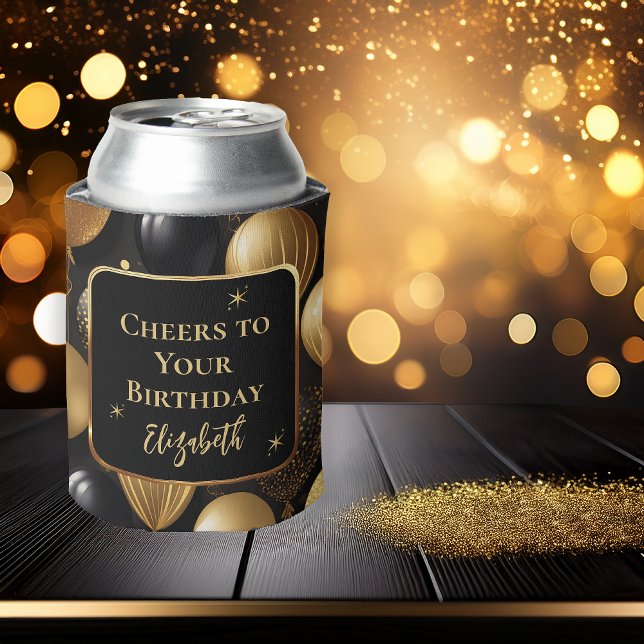  Elegant Black Gold Glitter Birthday Balloons Can Cooler (Elegant Black | Gold Faux Glitter Balloons Pattern A021 "Cheers to Your Birthday" [Name] Can Cooler)