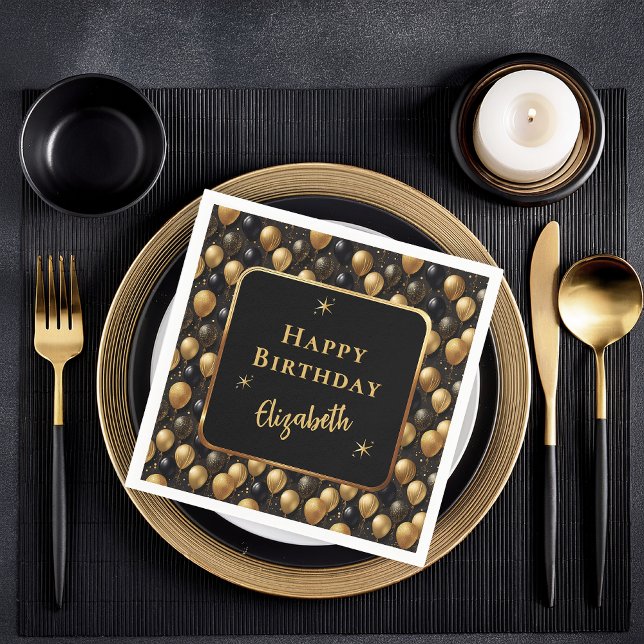  Elegant Black Gold Glitter Birthday Balloons Napkins (Elegant Black and Gold Faux Glitter Balloons Pattern A021 "Happy Birthday" [Name] Paper Napkins)
