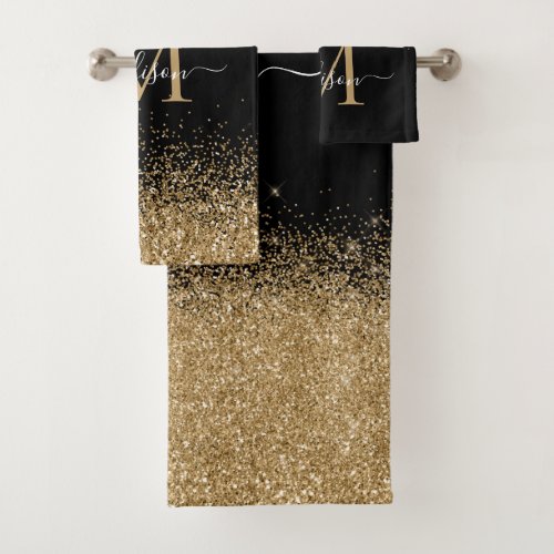 Elegant Black Gold Glitter Border Monogram Script Bath Towel Set