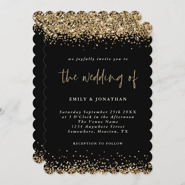 Elegant Black Gold Glitter Borders Wedding  Invitation (Front/Back)