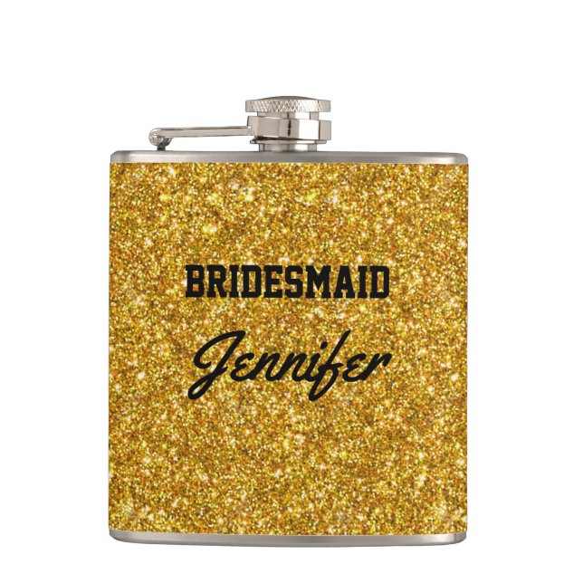 Elegant Black Gold Glitter Brooch Bridesmaids Flask (Front)