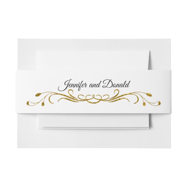 Elegant Black Gold Glitter Brooch Invitation Belly Band (Front Example)