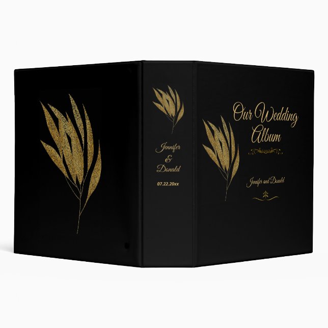 Elegant Black Gold Glitter Brooch Wedding Album 3 Ring Binder (Background)