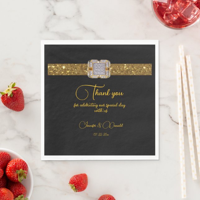 Elegant Black Gold Glitter Brooch Wedding Napkins (Insitu)