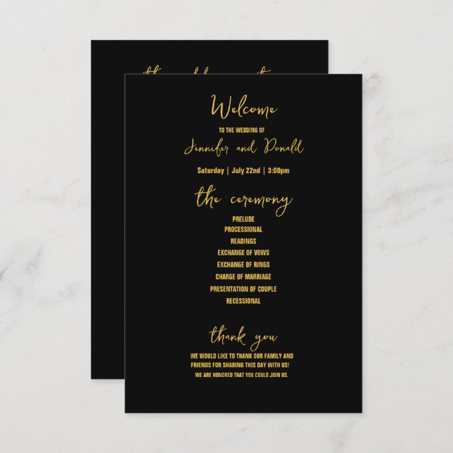 Elegant Black Gold Glitter Brooch Wedding Program (Front/Back)