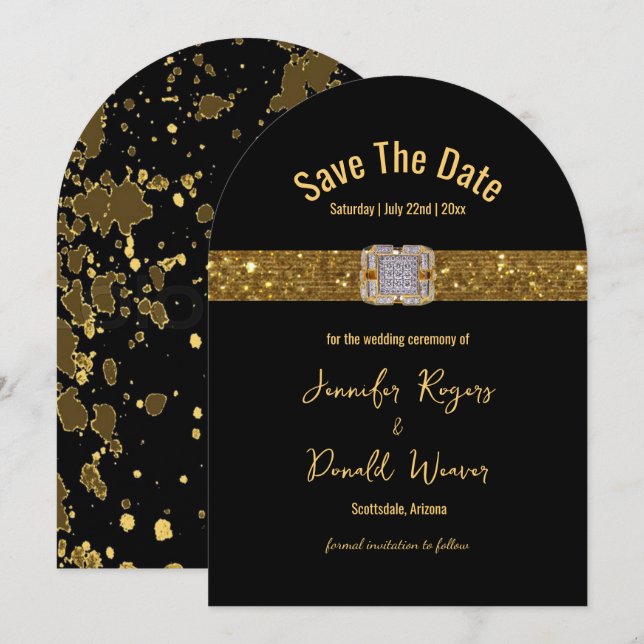 Elegant Black Gold Glitter Brooch Wedding  Save The Date (Front/Back)