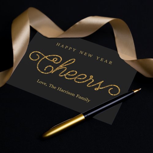 Elegant Black  Gold Glitter Cheers Happy New Year Holiday Card