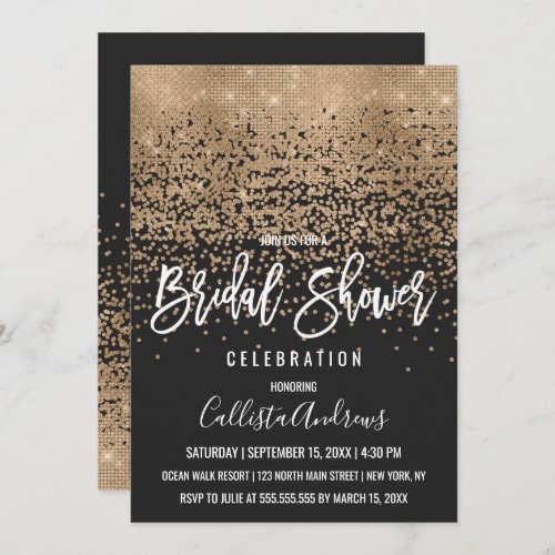 Elegant Black Gold Glitter Confetti Bridal Shower Invitation