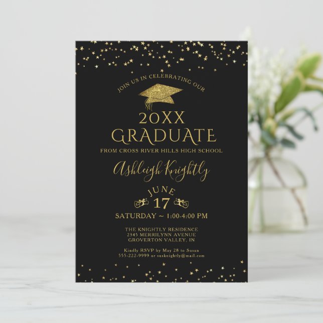 Elegant Black Gold Glitter Confetti Graduate Invitation (Standing Front)