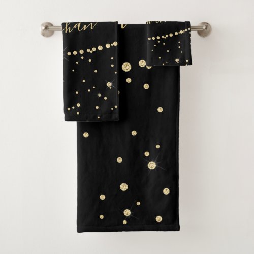 Elegant Black Gold Glitter Confetti Monogrammed Bath Towel Set