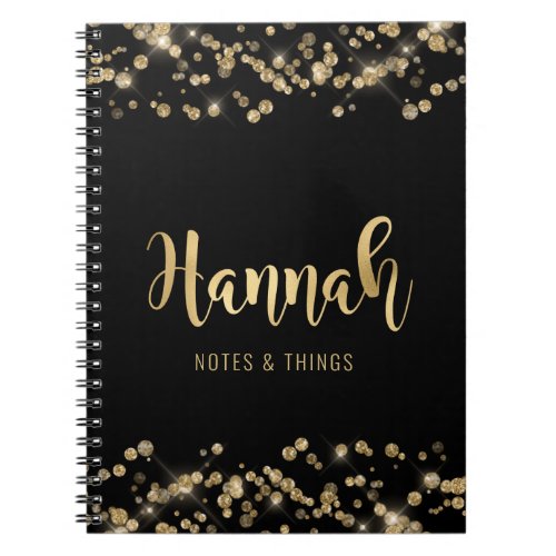 Elegant Black Gold Glitter Confetti Script Name Notebook