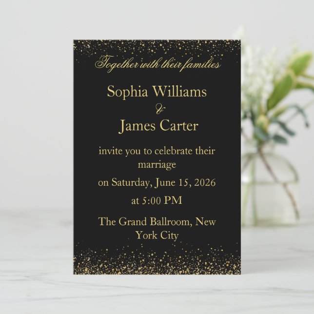 Elegant Black & Gold Glitter Confetti Wedding Invitation (Standing Front)