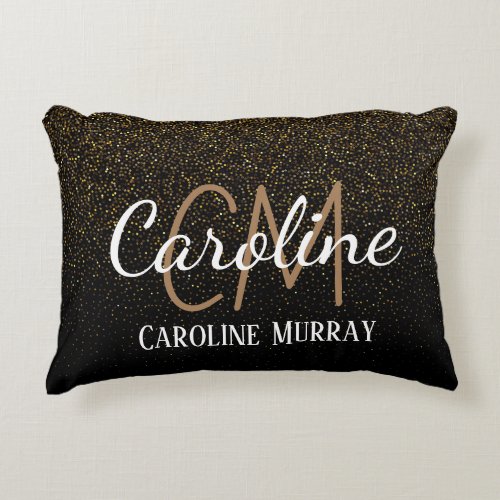 Elegant Black gold glitter custom monogram name Accent Pillow