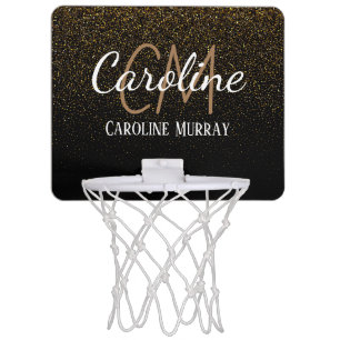 Elegant Black gold glitter custom monogram name Mini Basketball Hoop