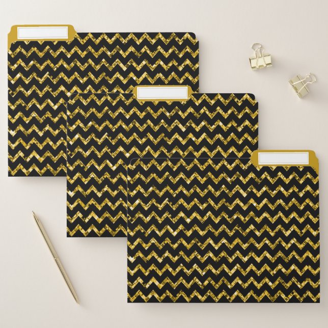Elegant Black Gold Glitter Decorative Chevron File Folder (Set)