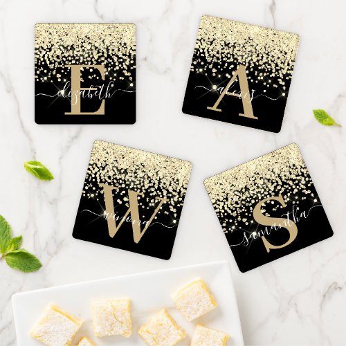 Elegant Black Gold Glitter Diamond Monogram Script Coaster Set