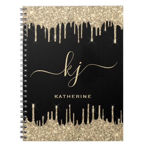 Elegant Black Gold Glitter Drips 2 Monogram Script Notebook