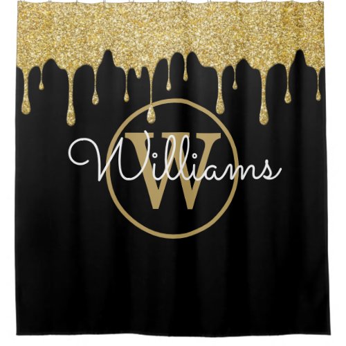 Elegant Black Gold Glitter Drips Monogram Script Shower Curtain