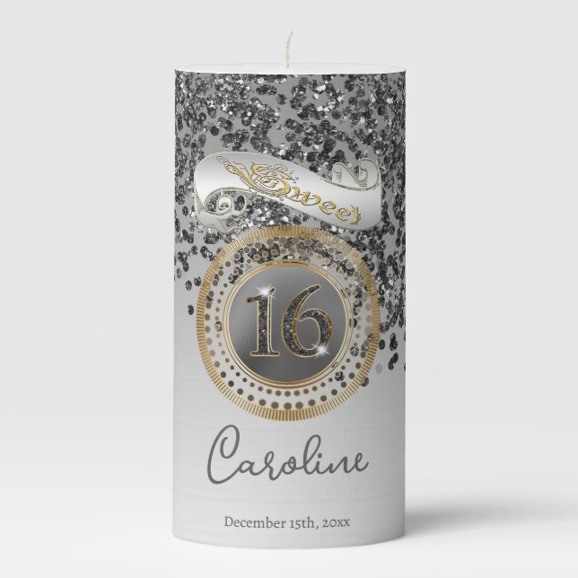 Elegant Black & Gold Glitter & Flag Sweet 16  Pillar Candle (Front)