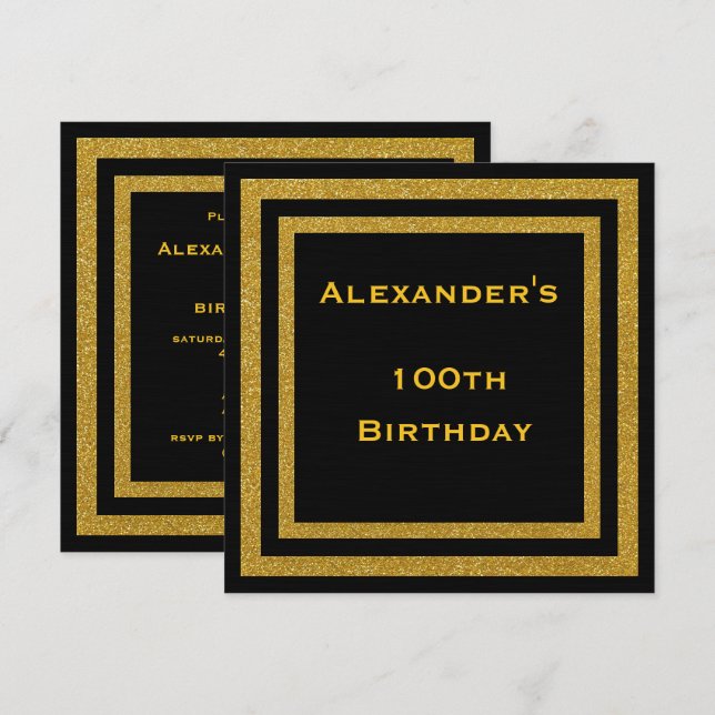 Elegant Black & Gold Glitter Framed 100th Birthday Invitation (Front/Back)