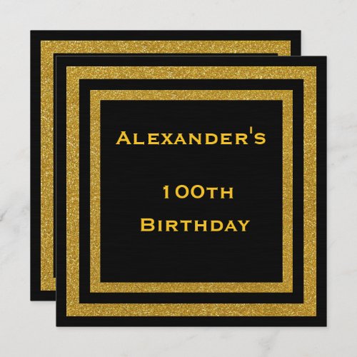 Elegant Black  Gold Glitter Framed 100th Birthday Invitation