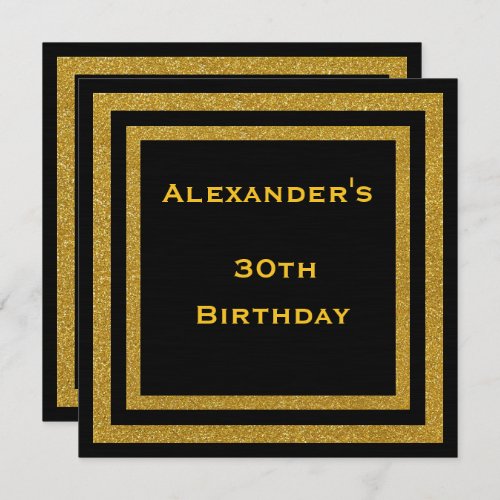 Elegant Black  Gold Glitter Framed 30th Birthday Invitation