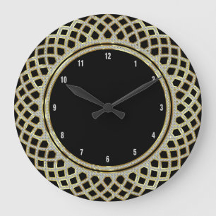 Elegant Black Gold & Glitter Geometric Pattern Large Clock