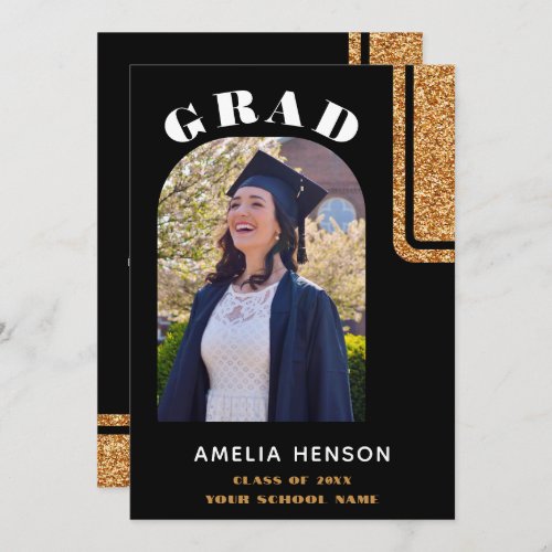 Elegant Black Gold Glitter Grad Photo Graduation Announcement