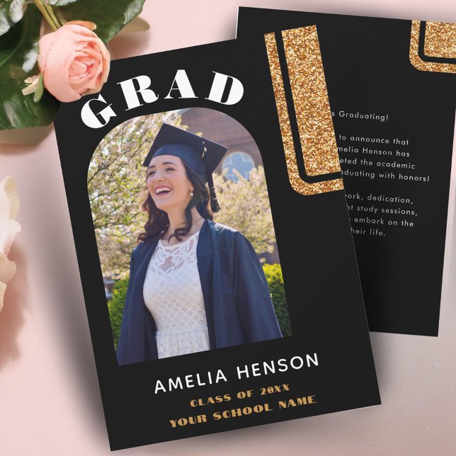 Elegant Black Gold Glitter Grad Photo Graduation Announcement (Creator Uploaded)