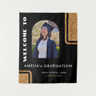 Elegant Black Gold Glitter Graduate Photo Welcome  Tapestry