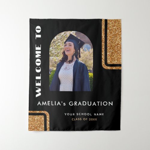 Elegant Black Gold Glitter Graduate Photo Welcome  Tapestry