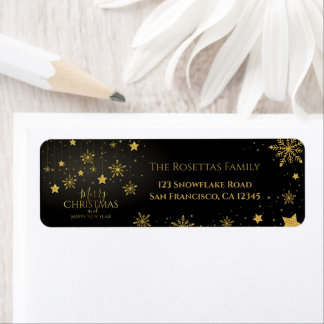 Elegant Black Gold Glitter Hanging Stars Snowflake Label