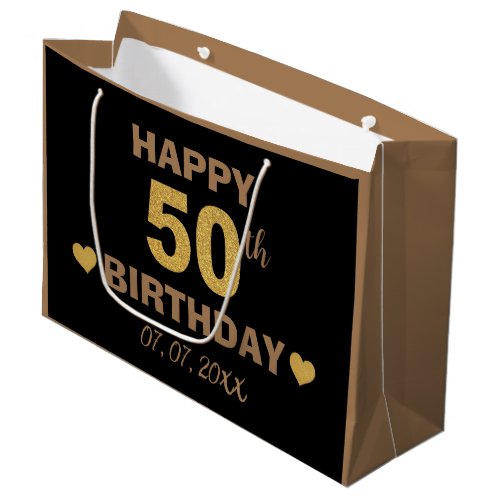 Elegant Black  Gold Glitter Happy 50th Birthday  Large Gift Bag