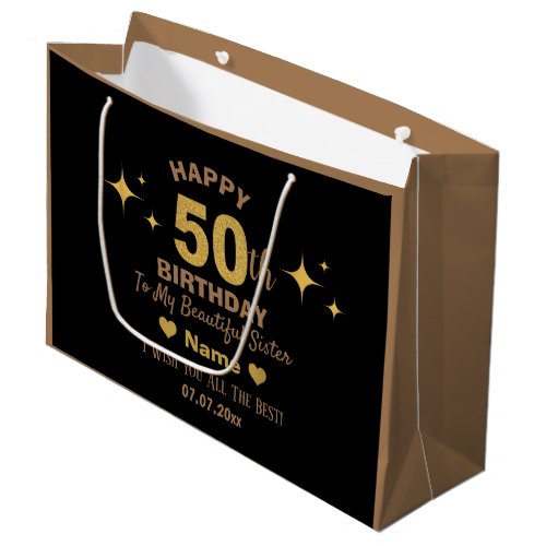 Elegant Black  Gold Glitter Happy 50th Birthday  Large Gift Bag