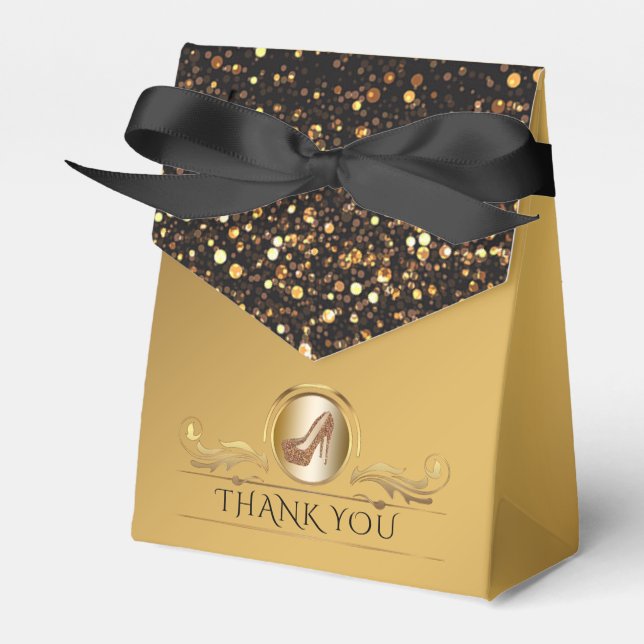 Elegant Black Gold Glitter High Heel Shoes Favor Boxes (Front Side)