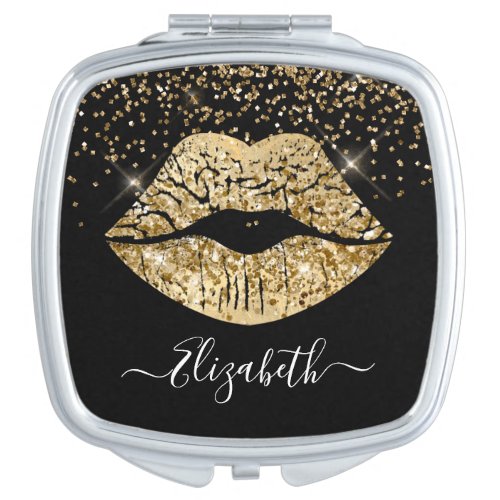Elegant Black Gold Glitter Lips Sparkle Monogram Compact Mirror