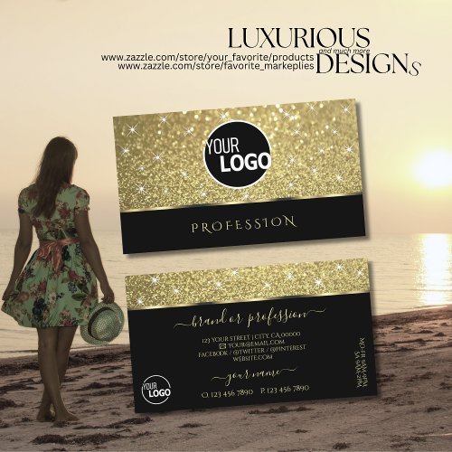 Elegant Black Gold Glitter Luminous Stars add Logo Business Card