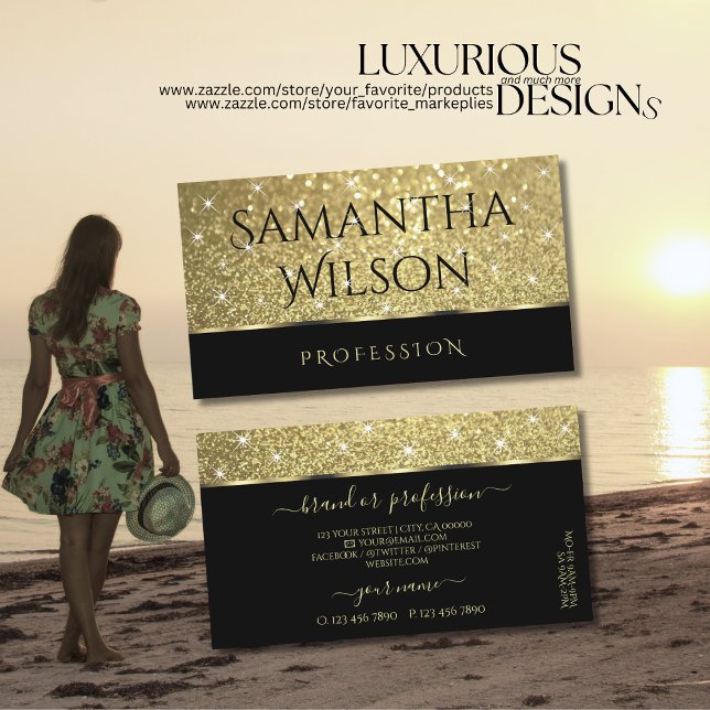 Elegant Black Gold Glitter Luminous Stars Fancy Business Card (Creator Uploaded)