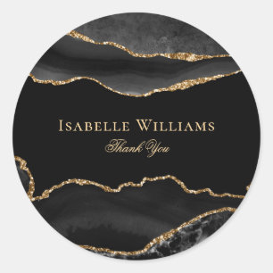 Elegant Black Gold Glitter Marble Agate Customize Classic Round Sticker