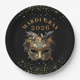 Elegant Black Gold Glitter Mardi Gras 2026 Paper Plates